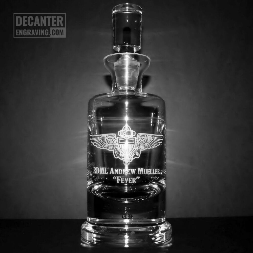 engraved whiskey decanter with naval aviator wings logo - military retirement gif