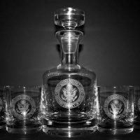 engraved buckingham whiskey decanter set with engraved DOJ logo