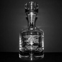 engraved taylor whiskey decanter with navy seal trident logo