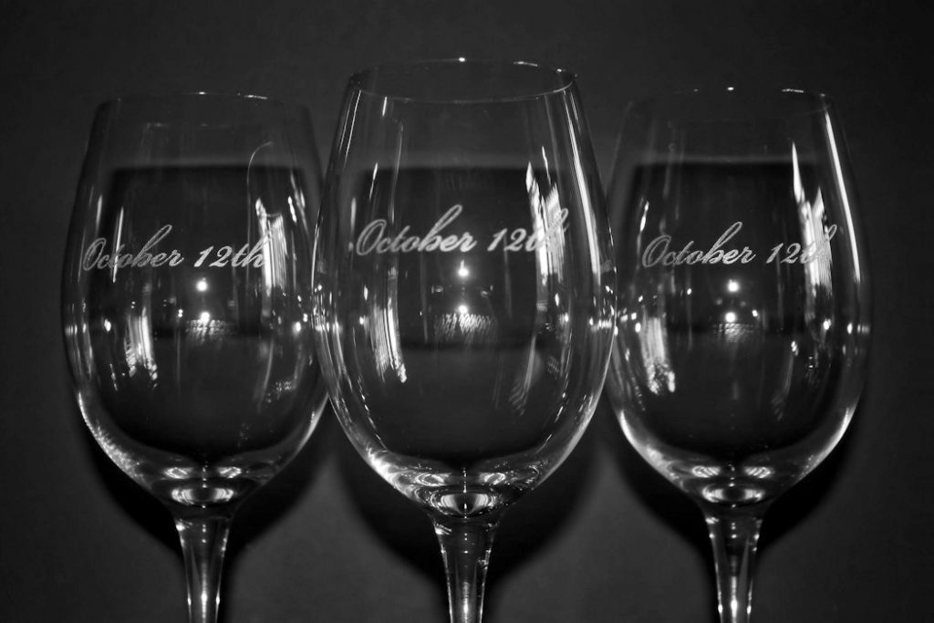 engraved waterford marquis white wine glasses wedding date - closeup