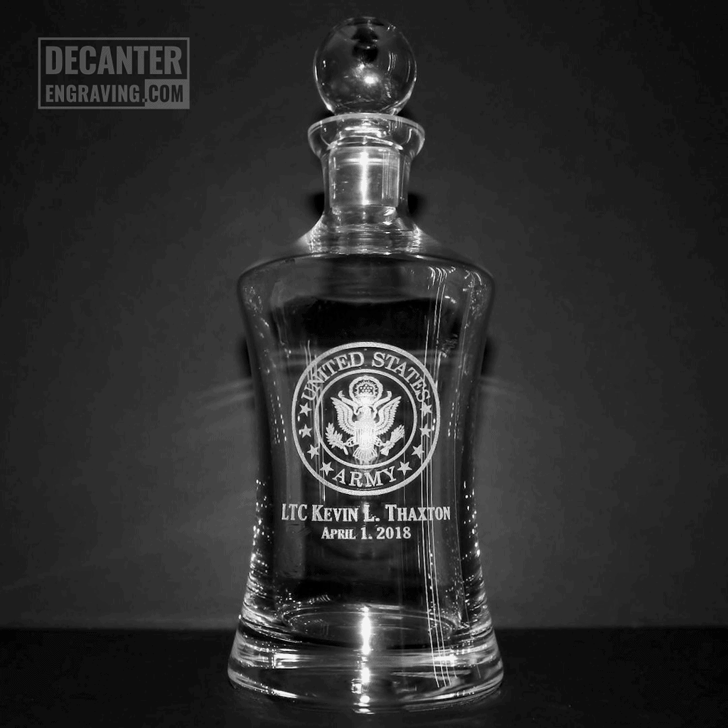 engraved crystal whiskey decanter with US army logo