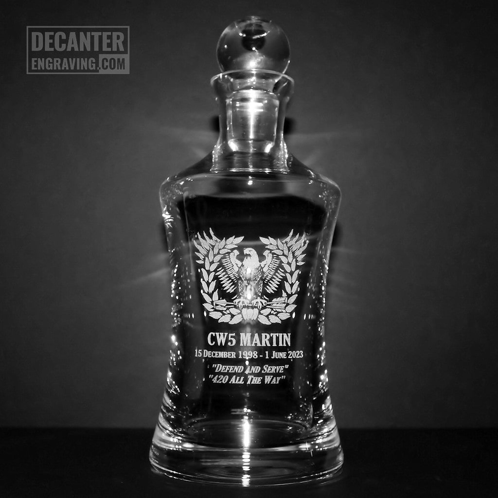 engraved whiskey decanter - hourglass with military logo cw5