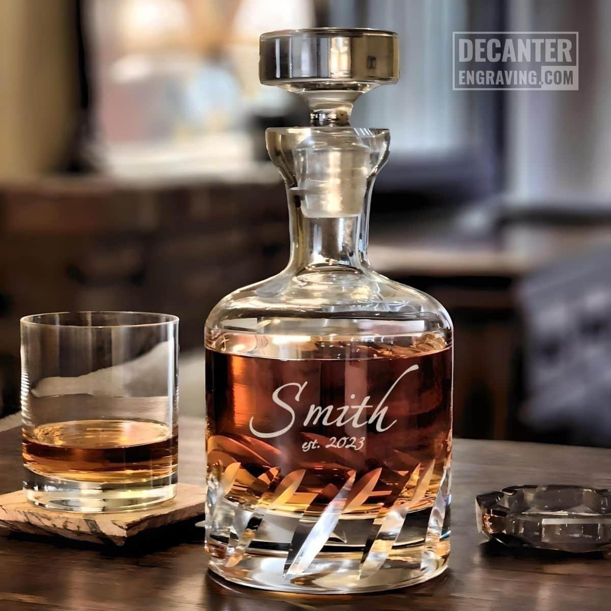 Personalized Beveled Blade lead-free crystal whiskey decanter with custom engraved Arlo script signature design, shown with matching whiskey glass.