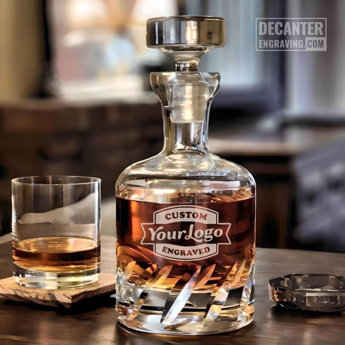 Personalized Beveled Blade lead-free crystal whiskey decanter featuring custom logo engraving, shown with matching whiskey glass.