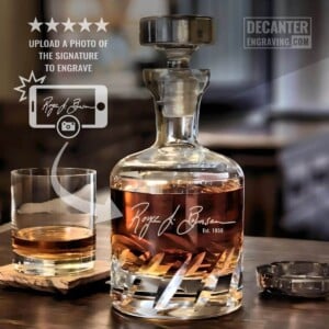 Personalized Beveled Blade lead-free crystal whiskey decanter featuring handwritten signature engraving, shown with matching whiskey glass.