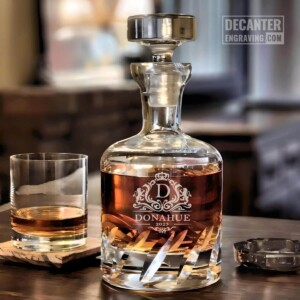Personalized Beveled Blade lead-free crystal whiskey decanter with custom engraved Park regal heraldic crest design, shown with matching whiskey glass.