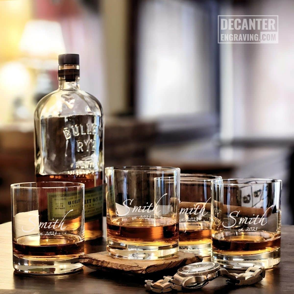 Personalized Classic DOF lead-free crystal whiskey glasses (set of 4) with custom engraved Arlo script signature design.