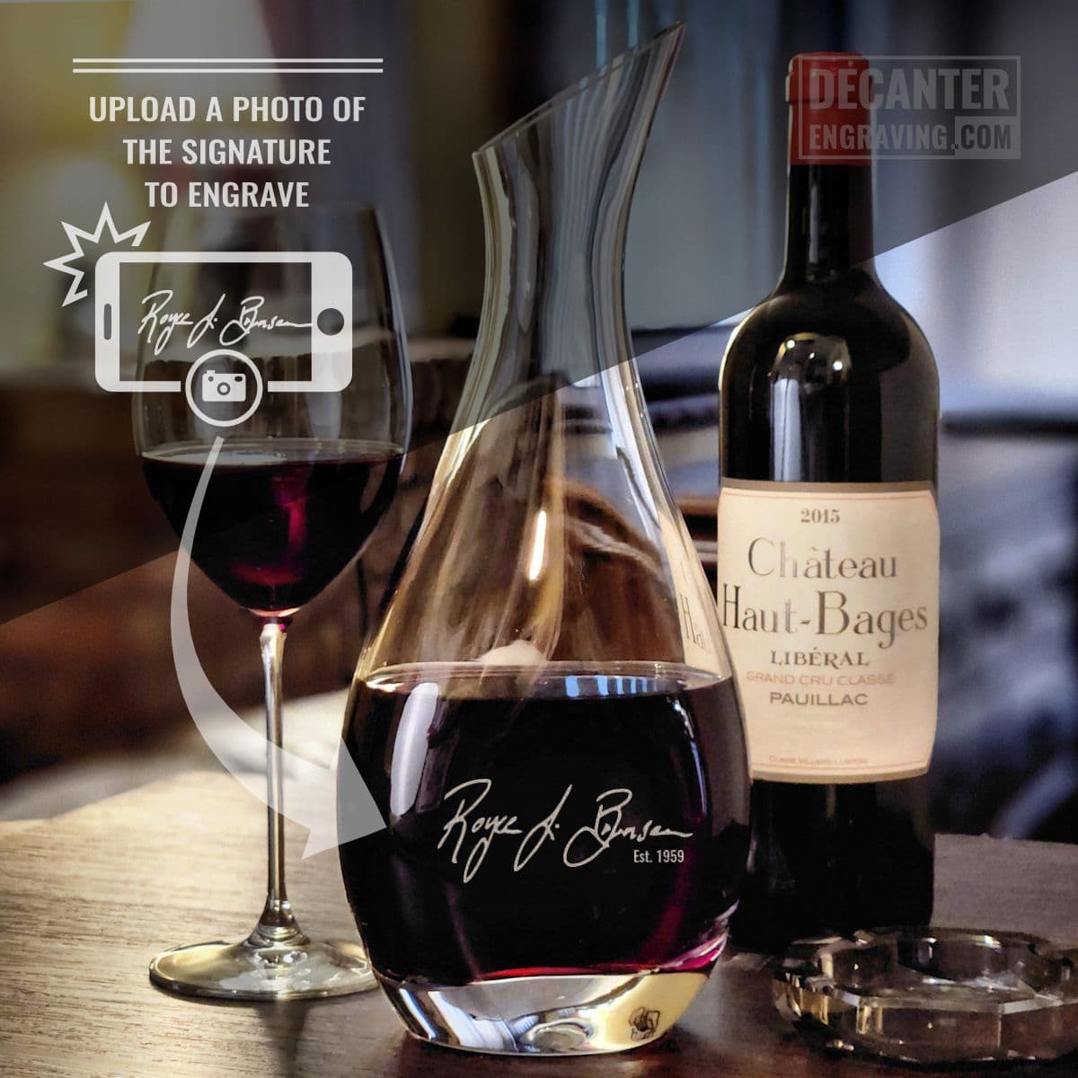 Personalized Cristoff lead-free crystal wine decanter featuring handwritten engraving.