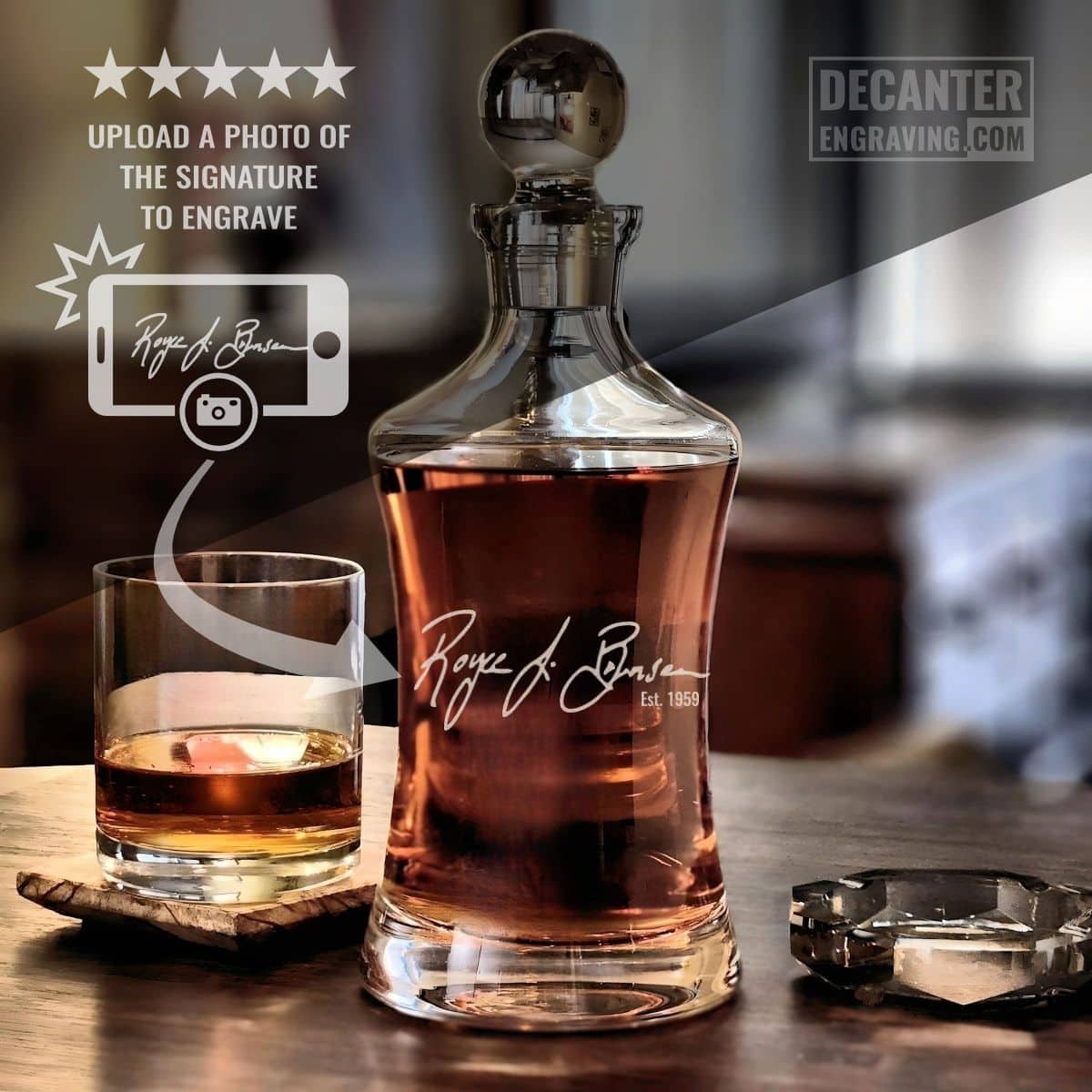 Personalized Hourglass crystal whiskey decanter featuring handwritten signature engraving, shown with matching whiskey glass.