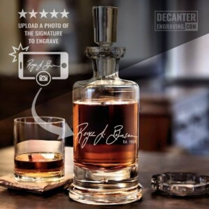 Personalized Kensington lead-free crystal whiskey decanter featuring handwritten signature engraving, shown with matching whiskey glass.