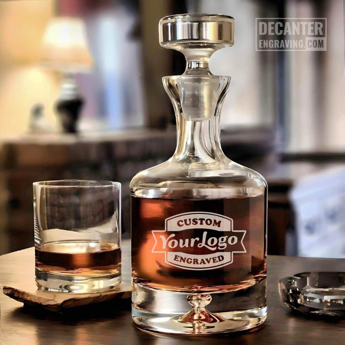 Personalized Taylor lead-free crystal whiskey decanter featuring custom logo engraving, shown with matching whiskey glass.