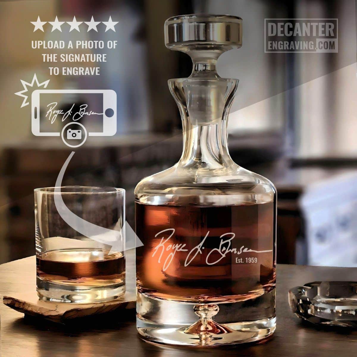 Personalized Taylor lead-free crystal whiskey decanter featuring handwritten signature engraving, shown with matching whiskey glass.