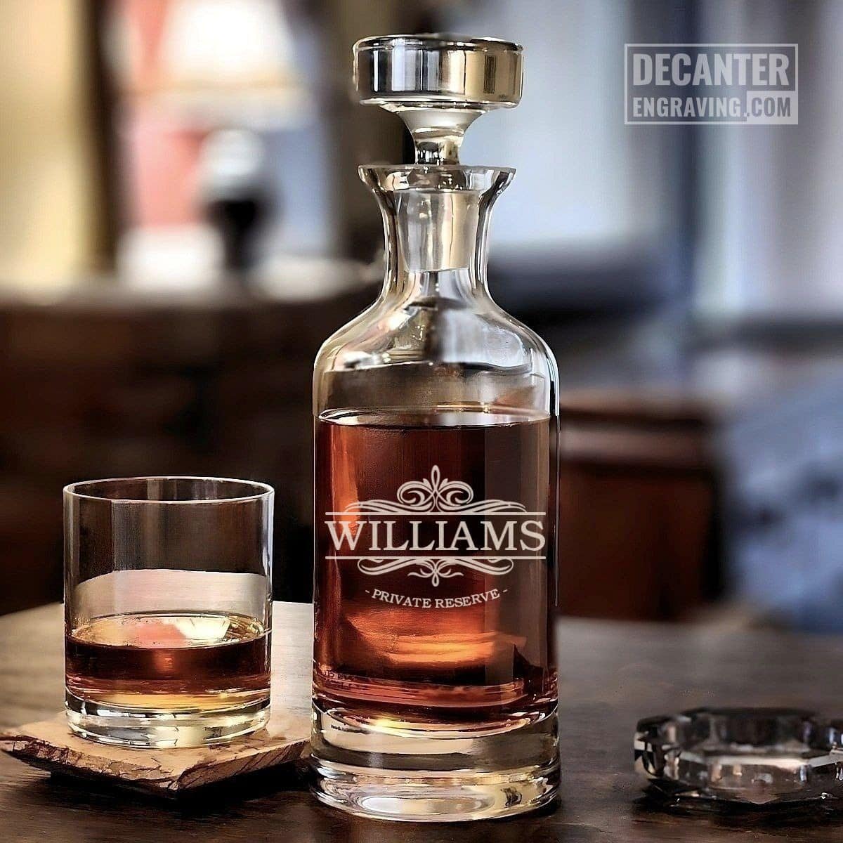 Personalized Wellington lead-free crystal whiskey decanter with custom engraved Luxe filigree banner  design, shown with matching whiskey glass.