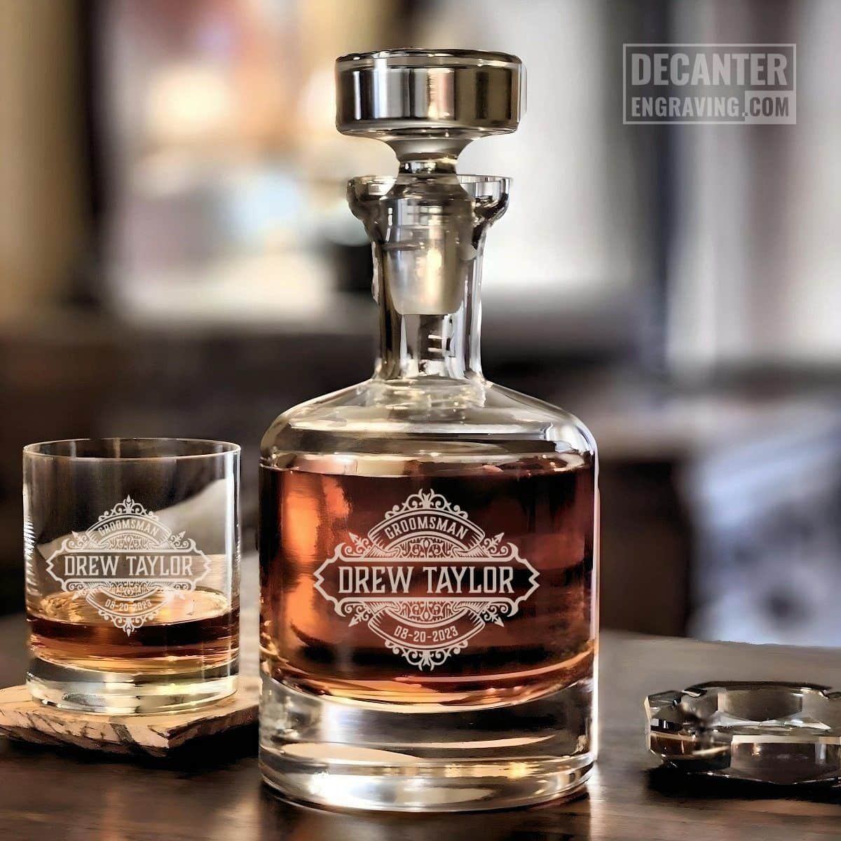 Groomsman Decanter | Onyx 28 Personalized Buckingham lead-free crystal whiskey decanter with custom engraved Onyx reserve medallion design for gormmsman gift, shown with matching whiskey glass.