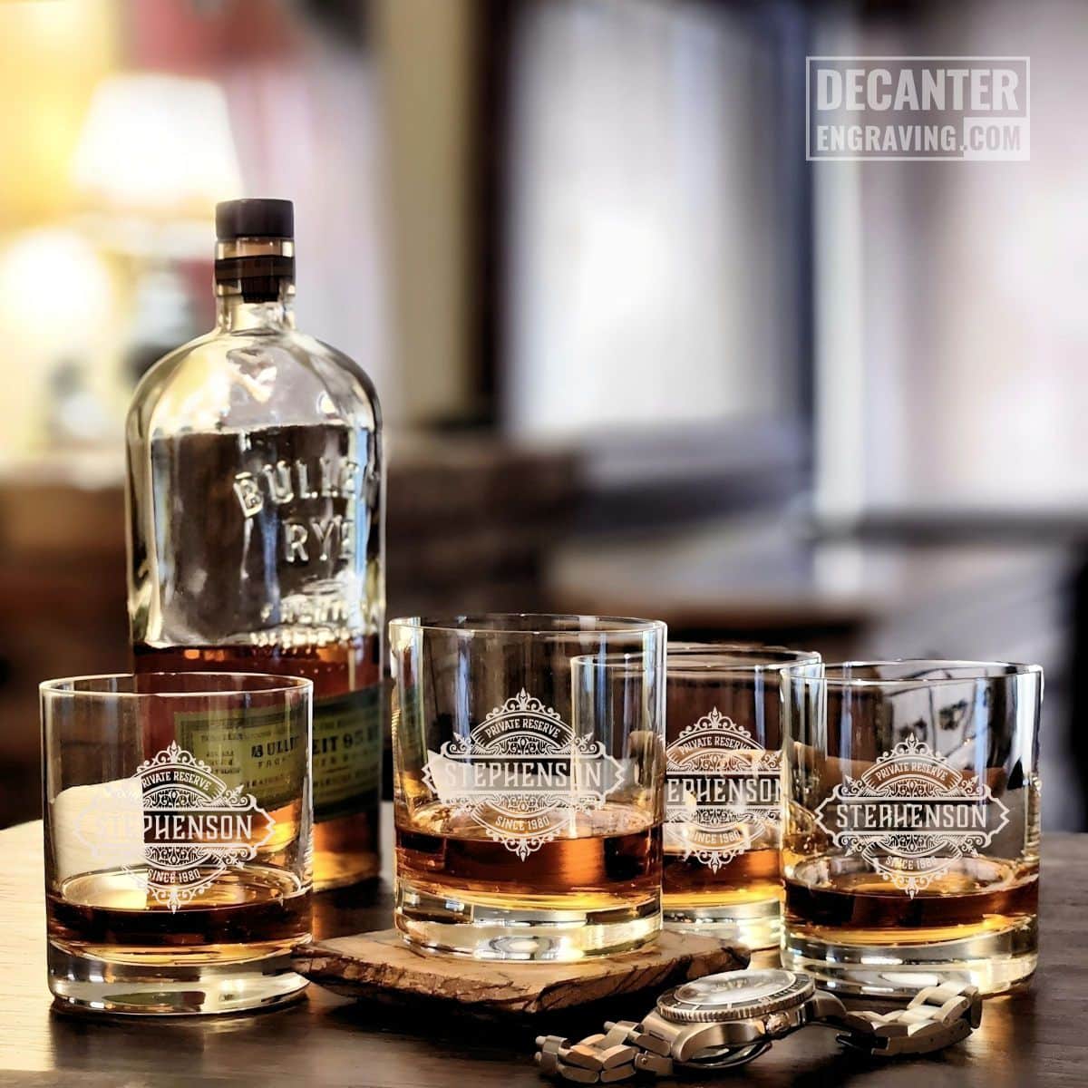 Personalized Classic DOF lead-free crystal whiskey glasses (set of 4) with custom engraved Onyx reserve medallion design.