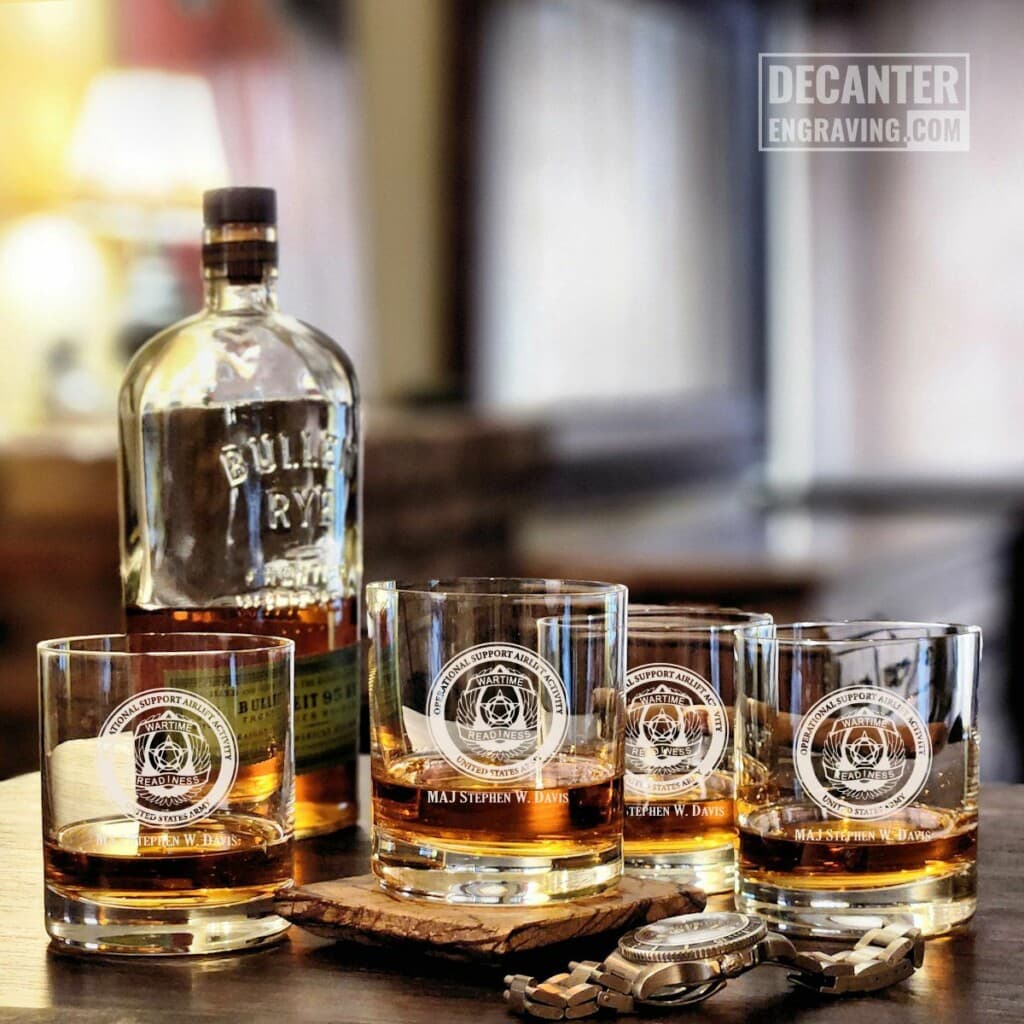 engraved whiskey-glasses for retirement gift with personalized engraved company logo