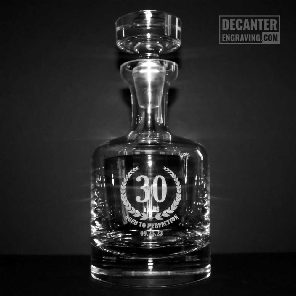 engraved whiskey decanter - buckingham with design template - wreath - 30th birthday