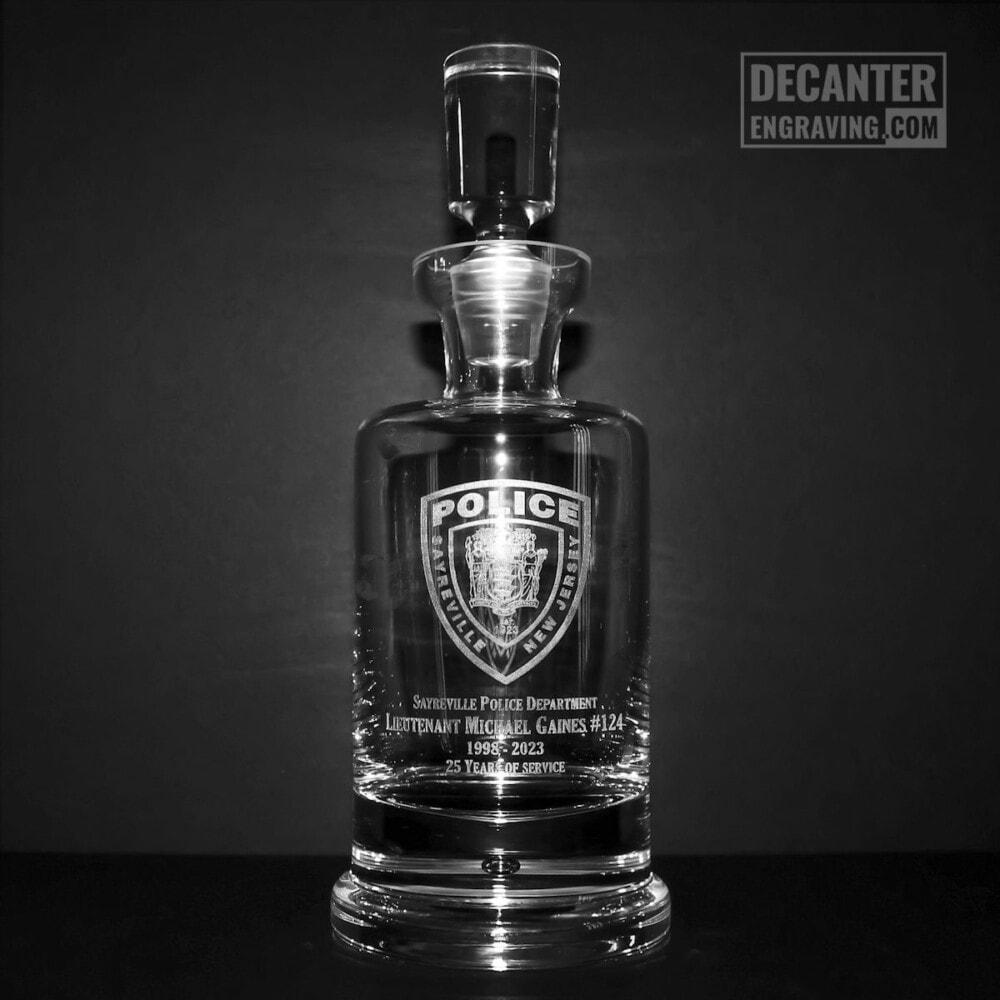 engraved whiskey decanter - kensington sayerville police logo