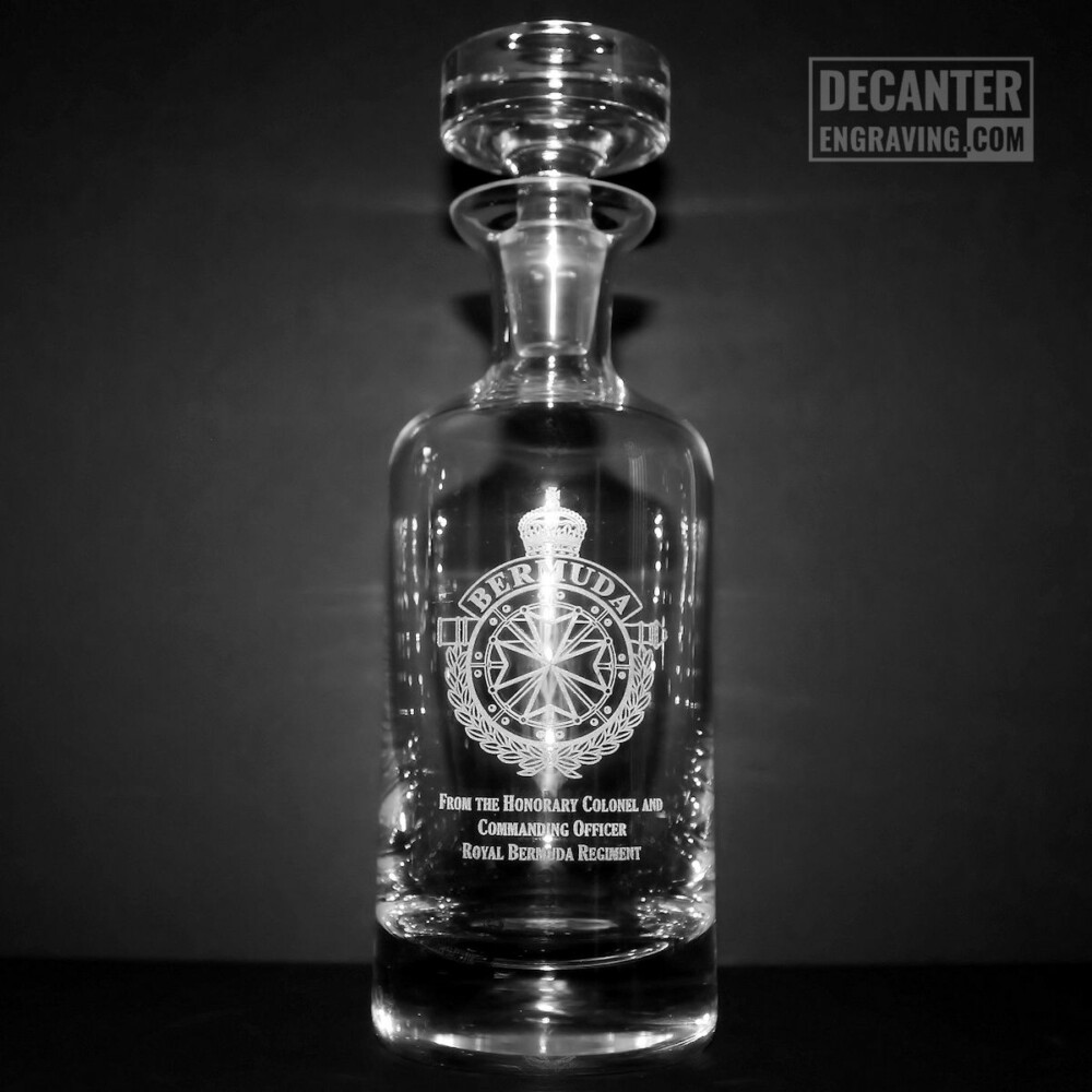 engraved whiskey decanter - wellington with military logo - royal bermuda regiment