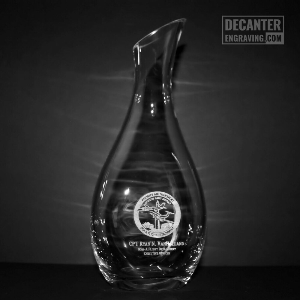 personalized cristoff wine decanter with engraved davison army airfield logo