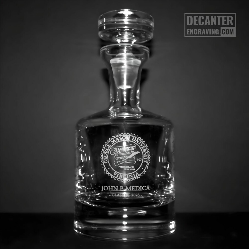 engraved graduation decanter - george mason university logo b&w