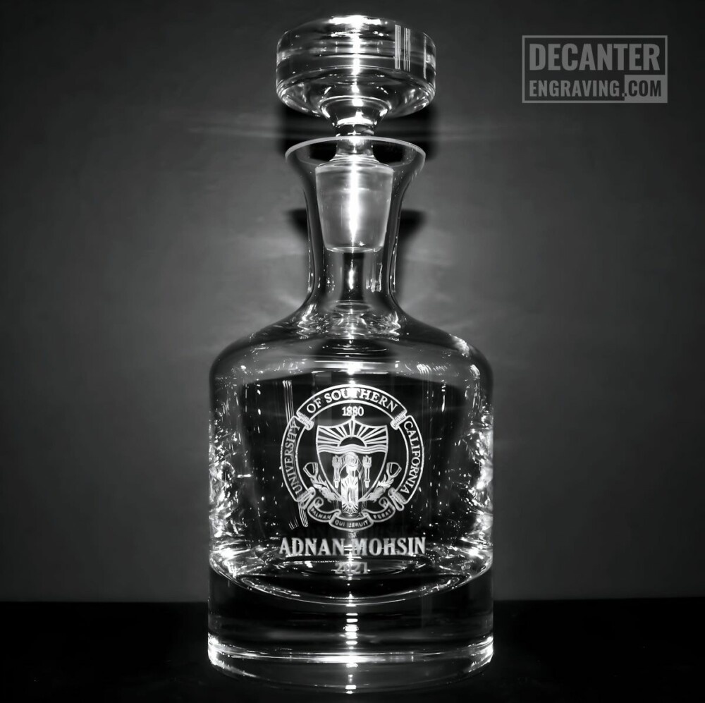 engraved graduation decanter - university of southern california logo b&w