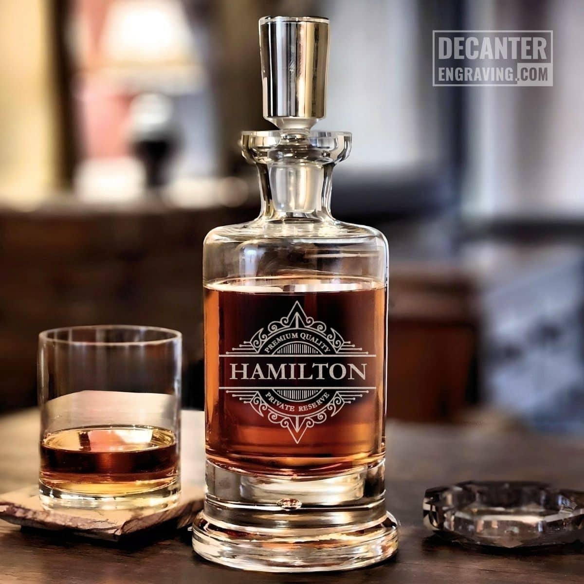 Kensington Whiskey Decanter | Lenox 23 Personalized Kensington lead-free crystal whiskey decanter with custom engraved Lenox geometric diamond design, shown with matching whiskey glass.
