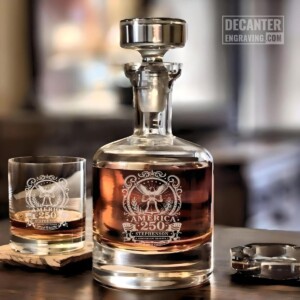 Personalized Buckingham crystal whiskey decanter and glass etched with an America 250 anniversary Liberty Bell design for patriotic gifts.