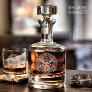 Personalized Buckingham whiskey decanter featuring a custom engraved America 250th anniversary Semiquincentennial seal design on lead-free crystal.