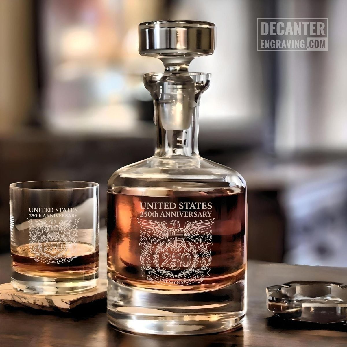 Custom engraved Buckingham whiskey decanter and glass showcasing an elegant America 250th anniversary Semiquincentennial scroll design.