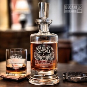 Custom laser engraved Kensington whiskey decanter and glass with a detailed patriotic America 250 anniversary bald eagle design.