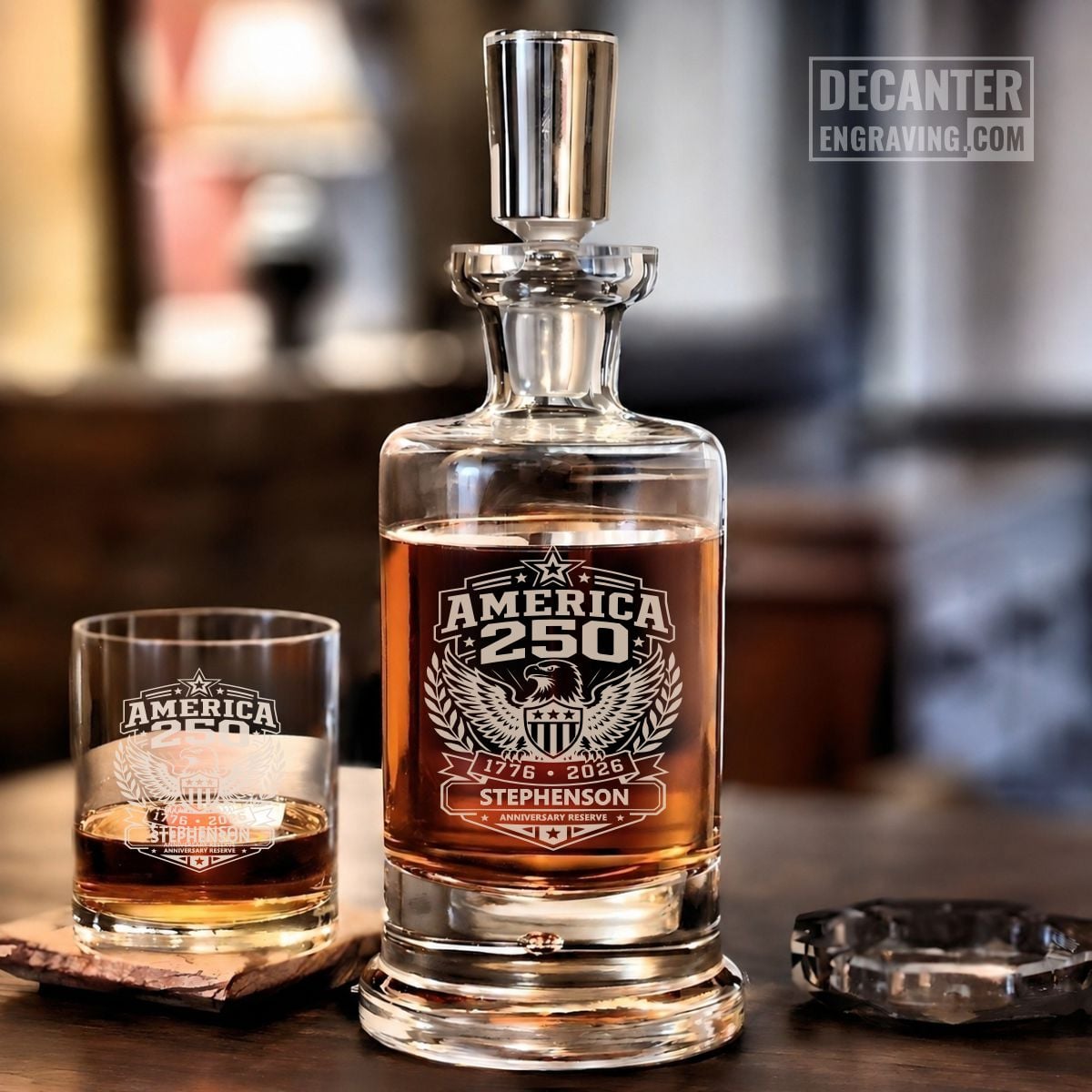 Custom laser engraved Kensington whiskey decanter and glass with a detailed patriotic America 250 anniversary bald eagle design.