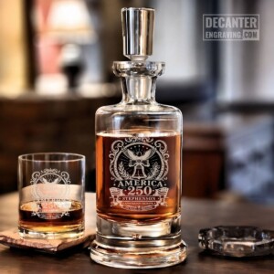 Personalized Kensington crystal whiskey decanter and glass etched with an America 250 anniversary Liberty Bell design for patriotic gifts.