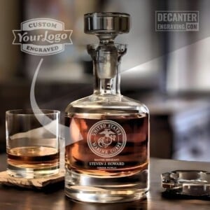 Custom engraved Buckingham whiskey decanter featuring the U.S. Marine Corps seal with the Eagle, Globe, and Anchor emblem, personalized name, rank, and ‘Semper Fidelis’ below.