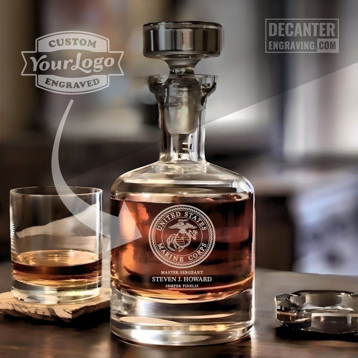Custom engraved Buckingham whiskey decanter featuring the U.S. Marine Corps seal with the Eagle, Globe, and Anchor emblem, personalized name, rank, and ‘Semper Fidelis’ below.