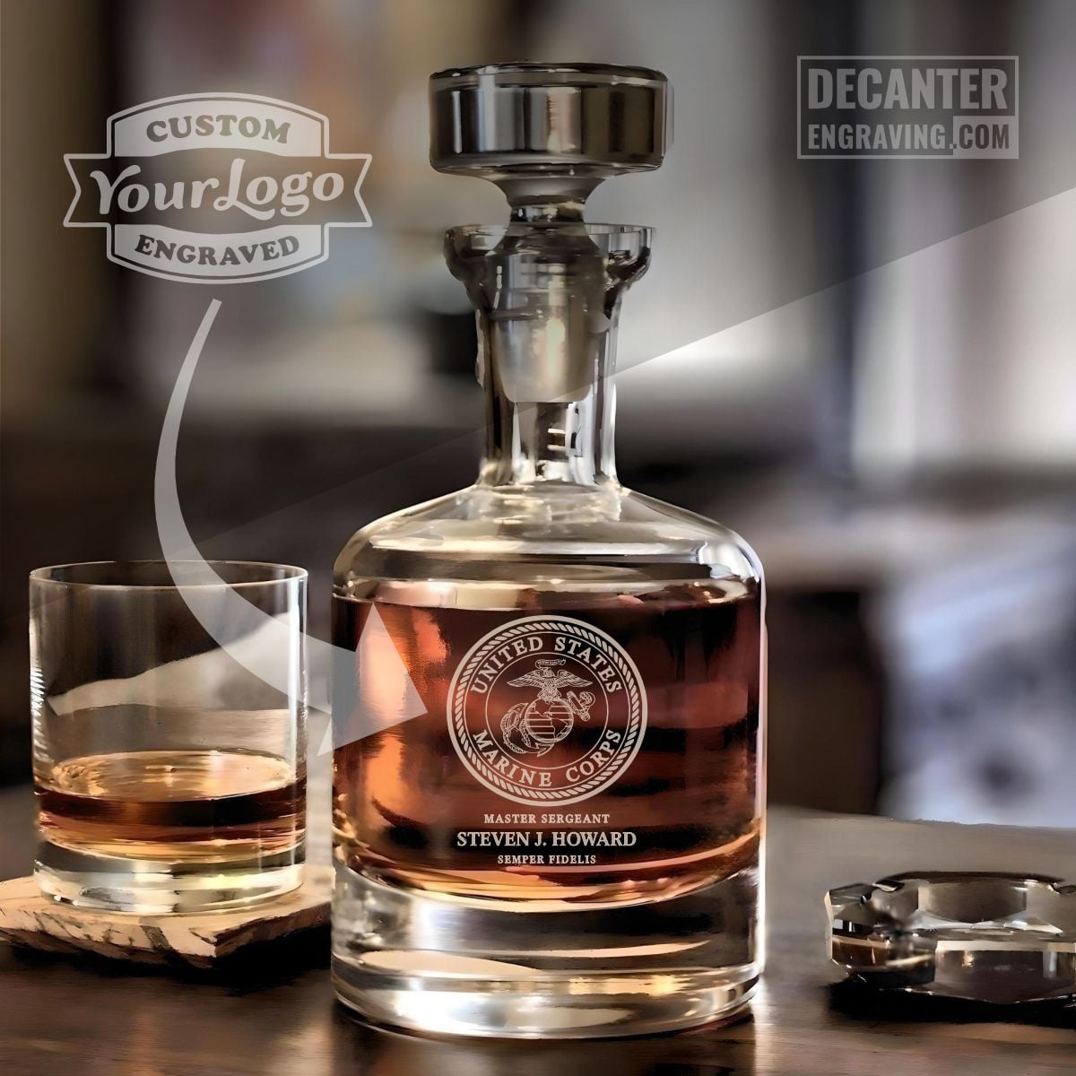 Custom engraved Buckingham whiskey decanter featuring the U.S. Marine Corps seal with the Eagle, Globe, and Anchor emblem, personalized name, rank, and ‘Semper Fidelis’ below.